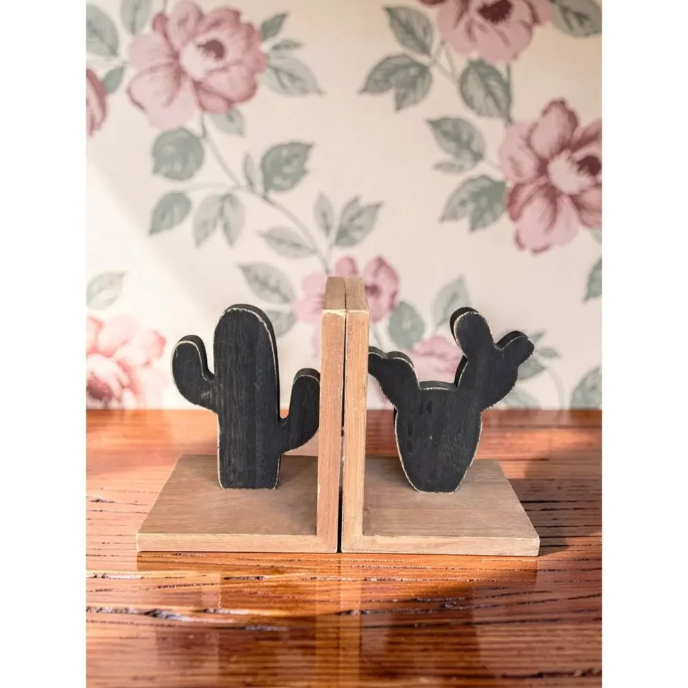 Wood Cactus Bookends Set of 2 Black White Southwestern Boho Desert Decor